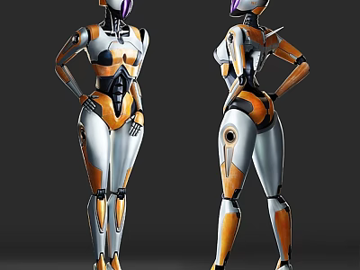 Dual Pose Sci Fi Robot Decorative Figurine Set With Orange Silver Finish 3d model