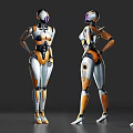 Dual Pose Sci Fi Robot Decorative Figurine Set With Orange Silver Finish 3d model
