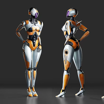 Dual Pose Sci Fi Robot Decorative Figurine Set With Orange Silver Finish 3d model Dual Pose Sci Fi Robot Decorative Figurine Set With Orange Silver Finish 3d model