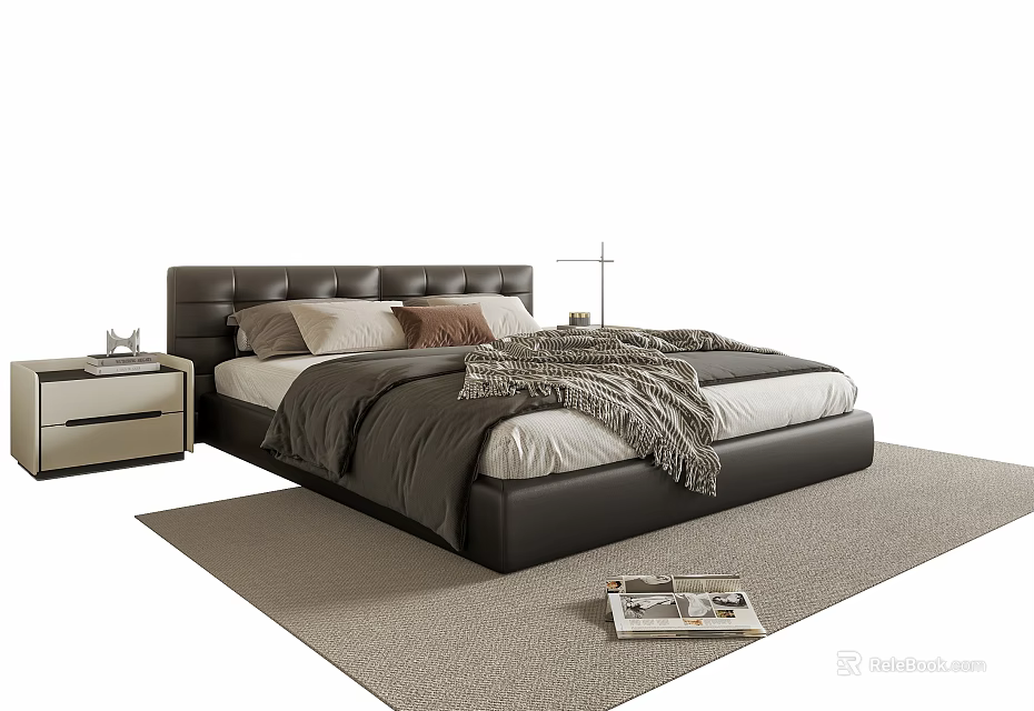 Dark Leather Double Bed With White Sheets Gray Comforter Nightstand Table Lamp On Rug 3d model