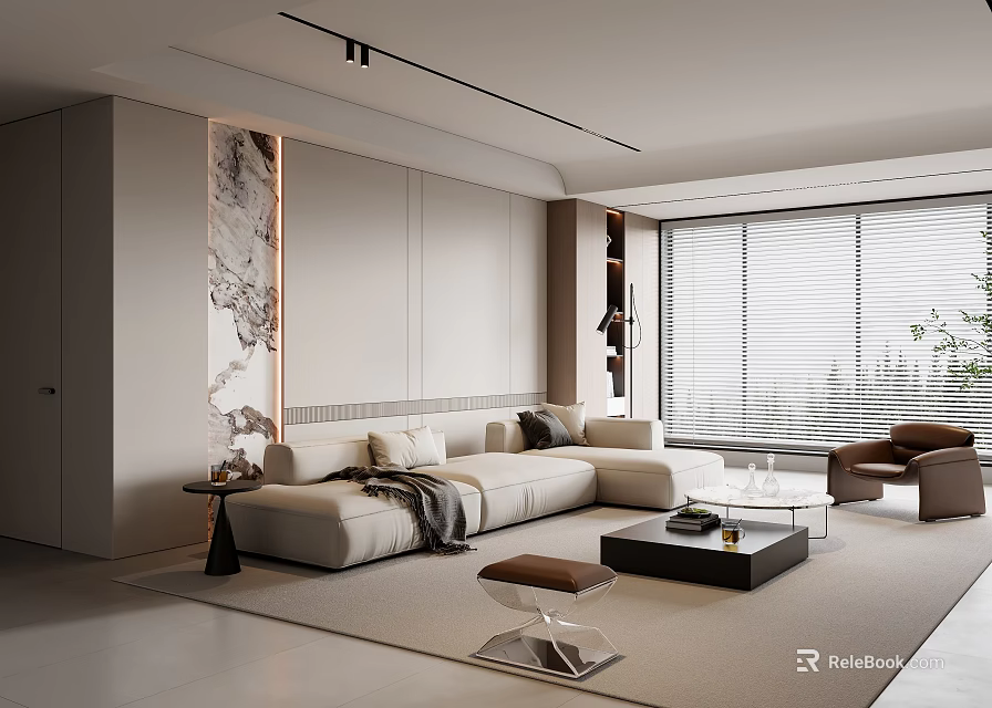 Modern Living Room Interior With Beige L shaped Sofa Throw Pillows And Marble Accent Wall 3d model 