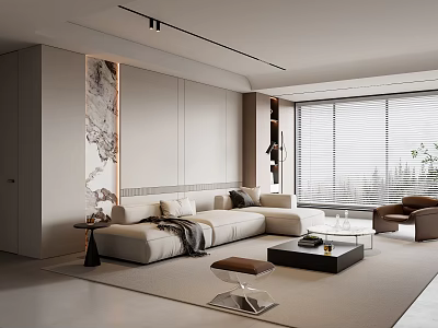 Modern Living Room Interior With Beige L shaped Sofa Throw Pillows And Marble Accent Wall 3d model