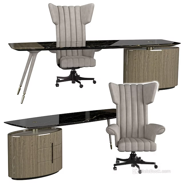 Modern Office Desk Interior Design With Black Glass Top And Gray Armchair 3d model 