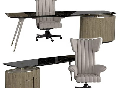 Modern Office Desk Interior Design With Black Glass Top And Gray Armchair 3d model