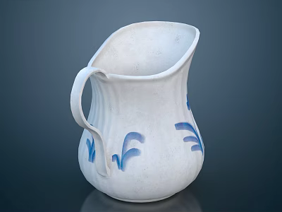 White Ceramic Pitcher With Blue Floral Patterns And Curved Handle 3d model