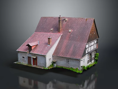 Traditional Country House With Red Roof White Walls Wooden Frames Red Door And Chimneys 3d model