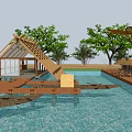 Waterfront Landscape Featuring Wooden Pergola Structure Wooden Deck Platform Lush Green Plants And Outdoor Sunshades