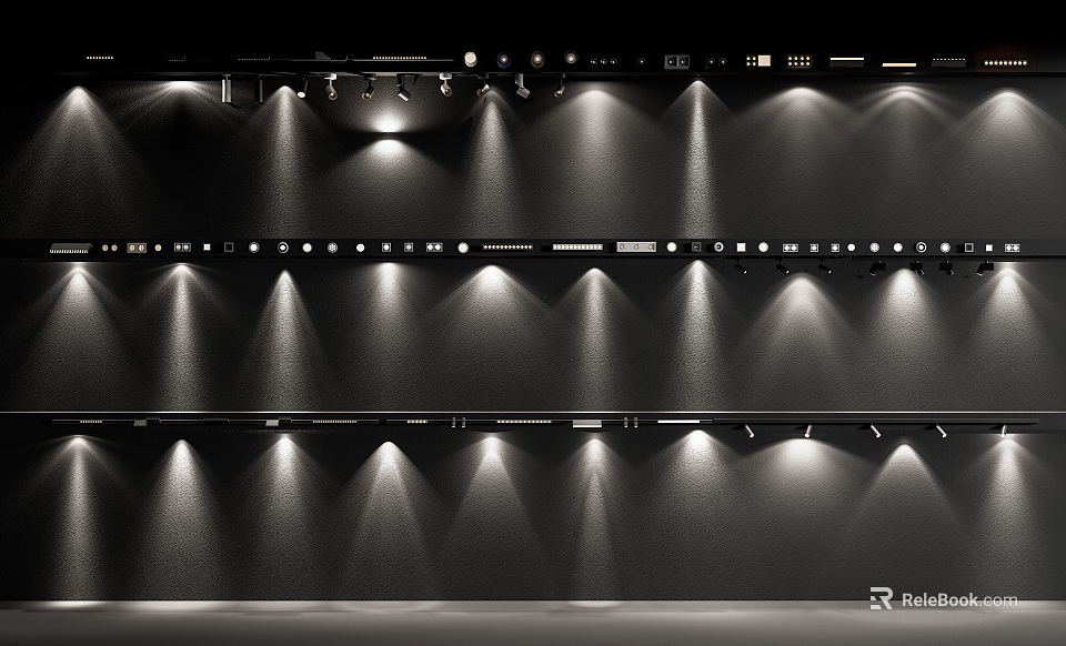 Multiple Rows Of Ceiling Mounted Downlights And Spotlights With Bright Illumination Effect 3d model 