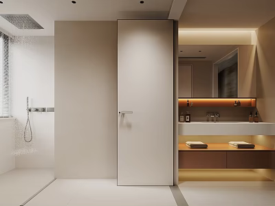 Modern Bathroom Interior Design With Light Colored Tiles Shower Area And Vanity Mirror 3d model