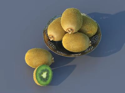 Ripe Kiwi Fruits In A Bowl With Sliced One Showing Green Flesh And Black Seeds 3d model
