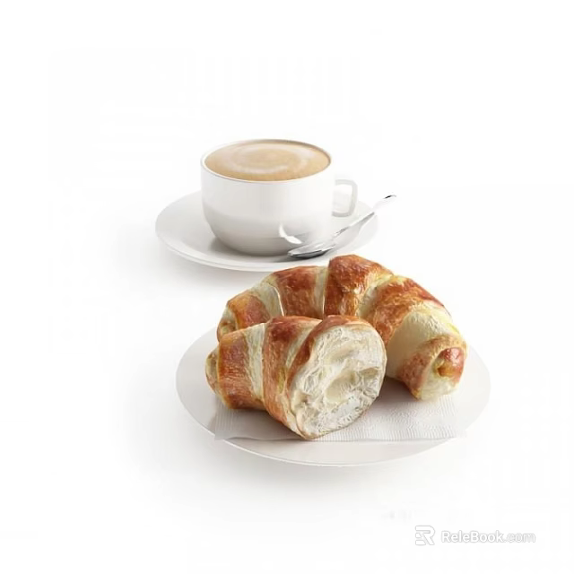 Freshly Baked Croissants with Creamy Latte Coffee on White Plates and Cups 3d model 