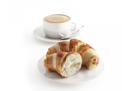 Freshly Baked Croissants with Creamy Latte Coffee on White Plates and Cups 3d model