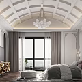Elegant Bedroom Interior With Decorative Ceiling Chandelier And Upholstered Headboard