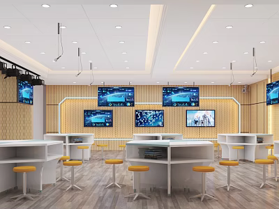 Modern School Learning Classroom With Multiple Screens And Comfortable Student Desks 3d model