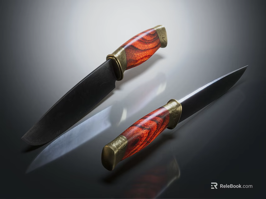 Handcrafted Knives With Red Wooden Handles Golden Accents And Shiny Black Blades Against Dark Background 3d model 