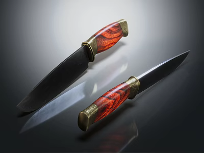 Handcrafted Knives With Red Wooden Handles Golden Accents And Shiny Black Blades Against Dark Background 3d model