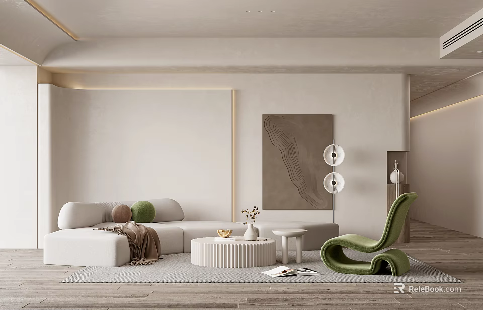 Modern Living Room Interior With White Sofa Green Chair Round Coffee Table And Wall Artwork 3d model 