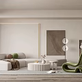Modern Living Room Interior With White Sofa Green Chair Round Coffee Table And Wall Artwork