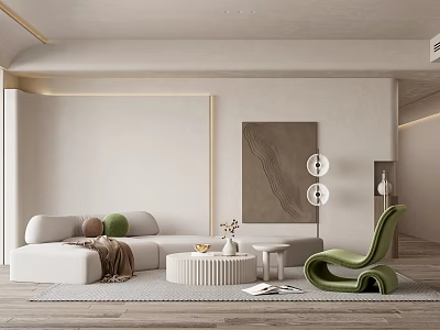 Modern Living Room Interior With White Sofa Green Chair Round Coffee Table And Wall Artwork 3d model