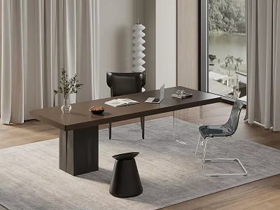 Modern Wooden Desk with Plant Vase Book Laptop Black Gray Chairs Stool by Window Lake 3d model