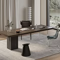 Modern Wooden Desk with Plant Vase Book Laptop Black Gray Chairs Stool by Window Lake