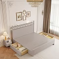 Light Gray Double Bed with Yellow Blanket White Pillows Table Lamps and Decorative Columns
