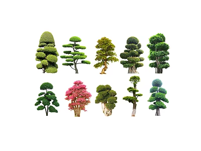 Various Shaped Pruned Trees With Green And Pink Foliage For Garden Decoration 3d model