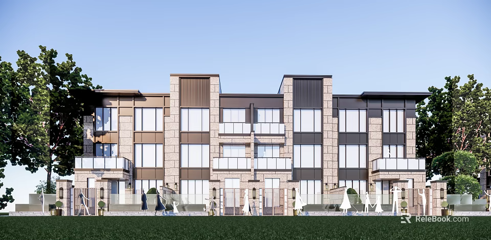 Modern Townhouse Exterior Design With Stone Facade Multiple Balconies Large Windows And Green Lawn 3d model 