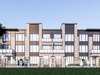 Modern Townhouse Exterior Design With Stone Facade Multiple Balconies Large Windows And Green Lawn 3d model