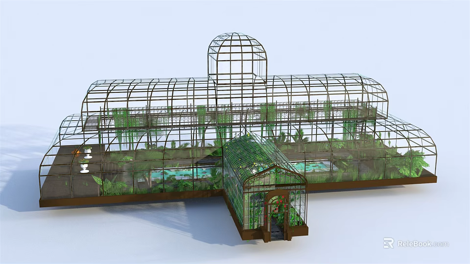 Spacious Glass Greenhouse With Metal Frame And Lush Plants Around Pool 3d model 