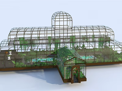Spacious Glass Greenhouse With Metal Frame And Lush Plants Around Pool 3d model
