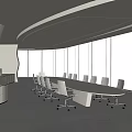 Modern Conference Room Interior With Large Windows White Tables Chairs Circular Lighting And City View