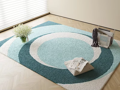 Elegant Square Rug with Turquoise and White Circular Patterns on Wooden Floor and White Flowers 3d model