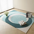 Elegant Square Rug with Turquoise and White Circular Patterns on Wooden Floor and White Flowers