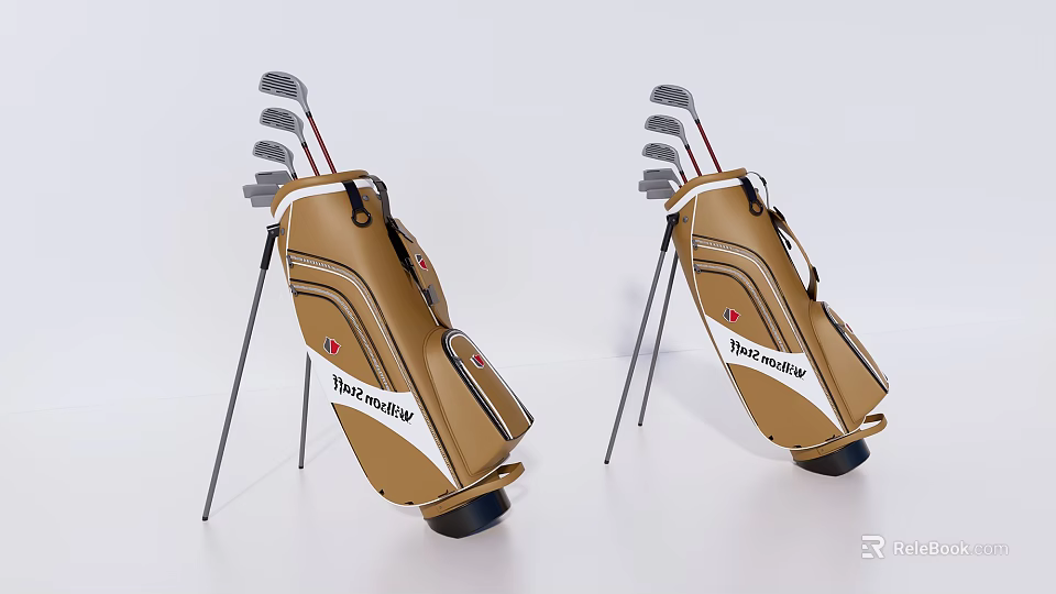Titleist Golf Bags With Stand And Clubs In Brown And White Design 3d model 