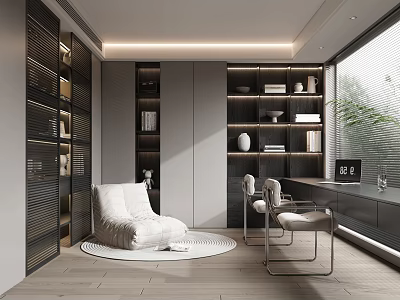 Modern Study Room Interior With Built in Bookshelves Desk Chair And Natural Light 3d model