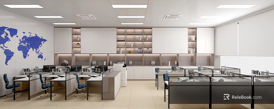 Modern Public Office Space With Open Layout Office Desks Chairs Cabinets And Built in Bookshelves 3d model 