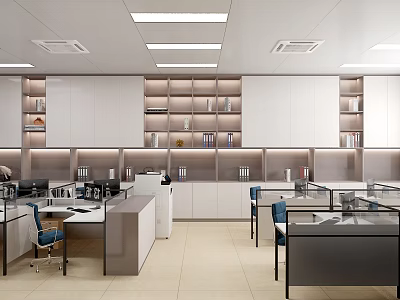 Modern Public Office Space With Open Layout Office Desks Chairs Cabinets And Built in Bookshelves 3d model
