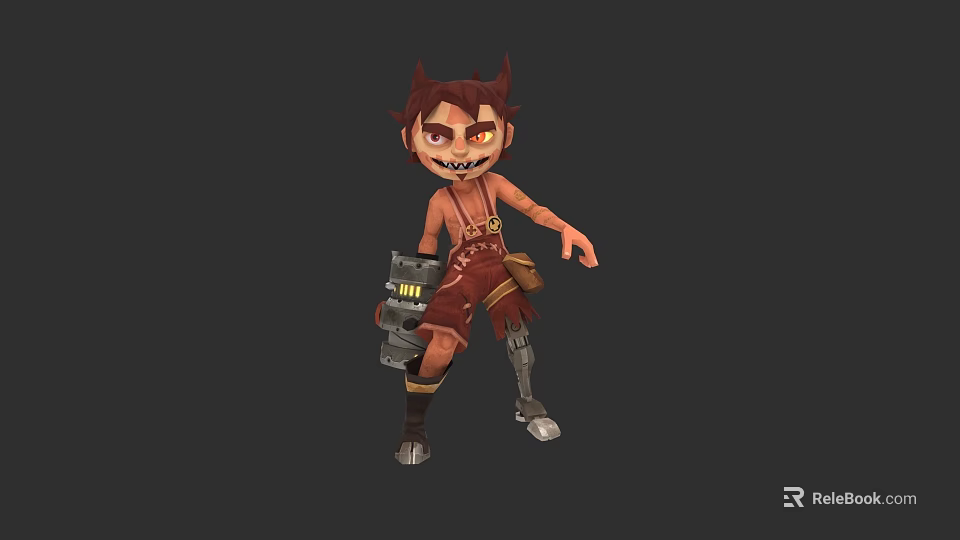Playful Cartoon Pet Toy With Red Hair Horns Brown Outfit And Tools 3d model 