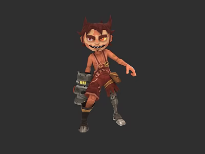 Playful Cartoon Pet Toy With Red Hair Horns Brown Outfit And Tools 3d model