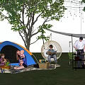 Cozy Evening Campsite With Blue Tent String Lights Hammock Chair And Canopy