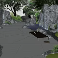 Natural Rockery Stones In Serene Garden With Trees Path And Seating