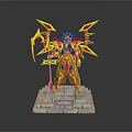 Action Figure With Blue Hair Red Gold Armor Yellow Winged Design Weapon On Marble Base
