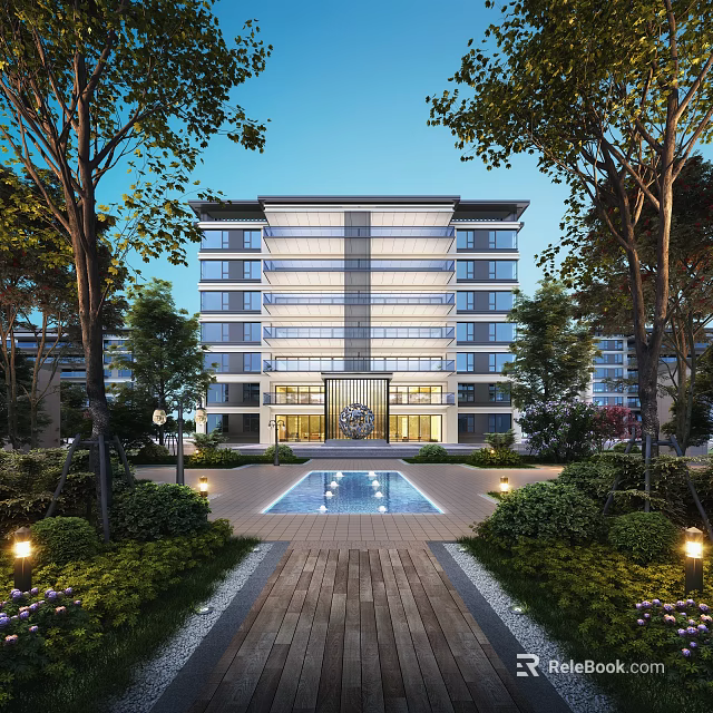 Modern Building Exterior With Lush Trees Lawns Pool And Wooden Pathway 3d model 
