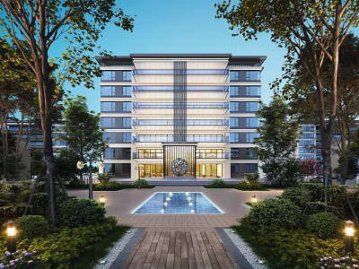 Modern Building Exterior With Lush Trees Lawns Pool And Wooden Pathway 3d model