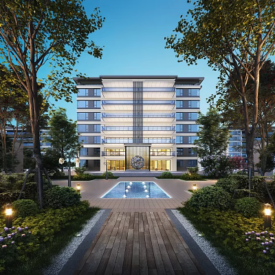 Modern Building Exterior With Lush Trees Lawns Pool And Wooden Pathway 3d model