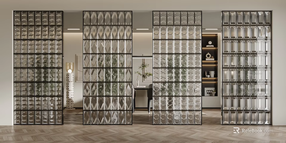 Glass Diamond Pattern Room Divider in Modern Interior with Bright Light and Wooden Floor 3d model 