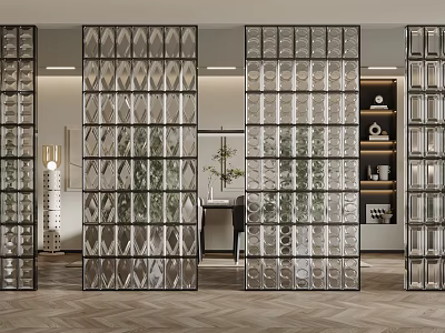 Glass Diamond Pattern Room Divider in Modern Interior with Bright Light and Wooden Floor 3d model
