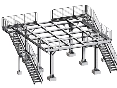 Industrial Steel Structure Platform with Stairs Railings Support Columns and Base Foundations 3d model