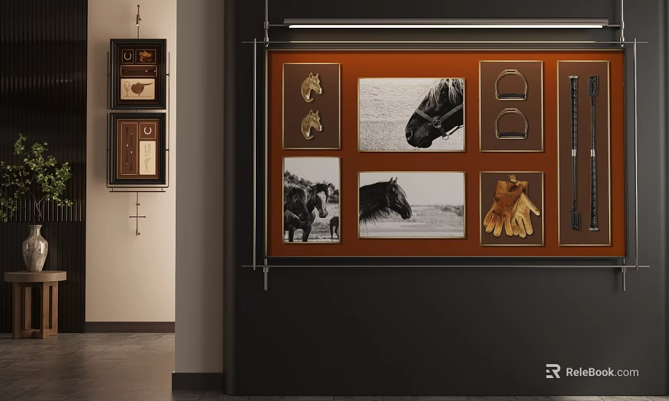 Equestrian Themed Wall Display Featuring Black White Horse Photos Golden Tack Leather Gloves Whips 3d model 